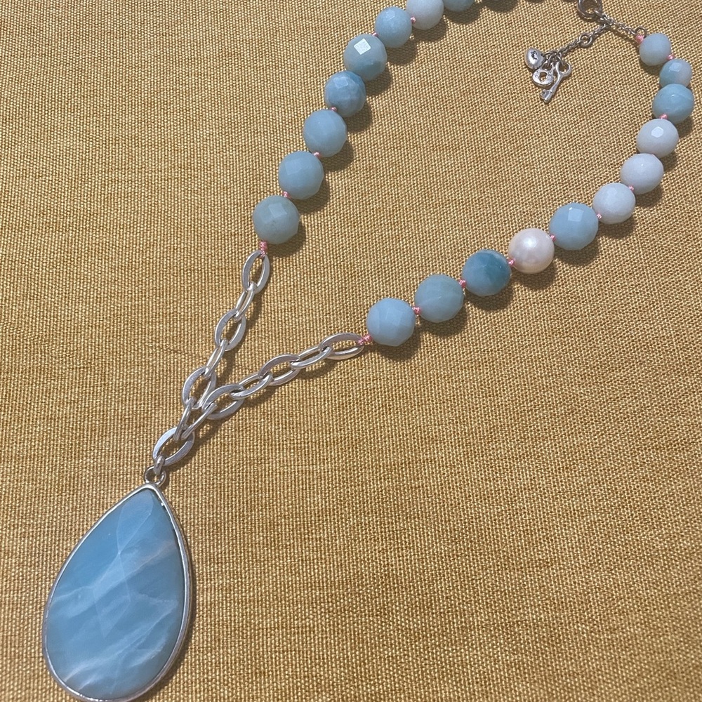 Fossil Vintage Blue Gemstone Pendant Necklace with Silver Chain and Key Charm